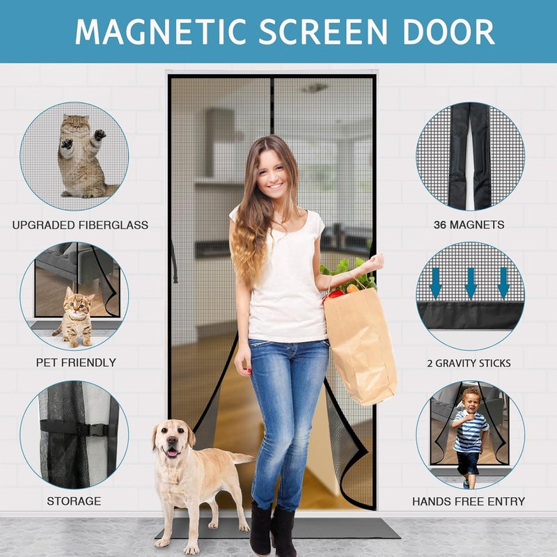 YRH Magnetic Fly Screen Door,Fiberglass Enhanced Screen Mesh,with Stay Open Buckles,Heavy Duty Self-Sealing Mesh,(Fit for Door Size:32x80 Inch,Screen Itself Size:34x82 Inch,Black) - Image 3